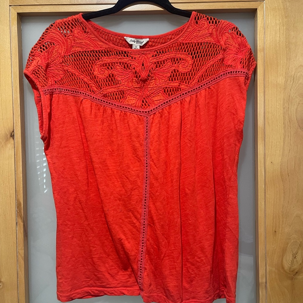 Lucky Brand boho top crochet and embroidered details orange Size S